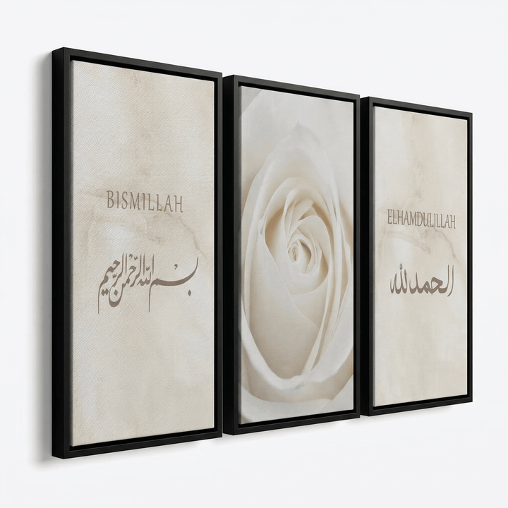 3er Bundle Bismillah & Elhamdulillah weiße Rose Set - als Leinwand oder Acrylglas - Beautiful Wall
