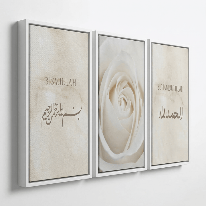 3er Bundle Bismillah & Elhamdulillah weiße Rose Set - als Leinwand oder Acrylglas - Beautiful Wall