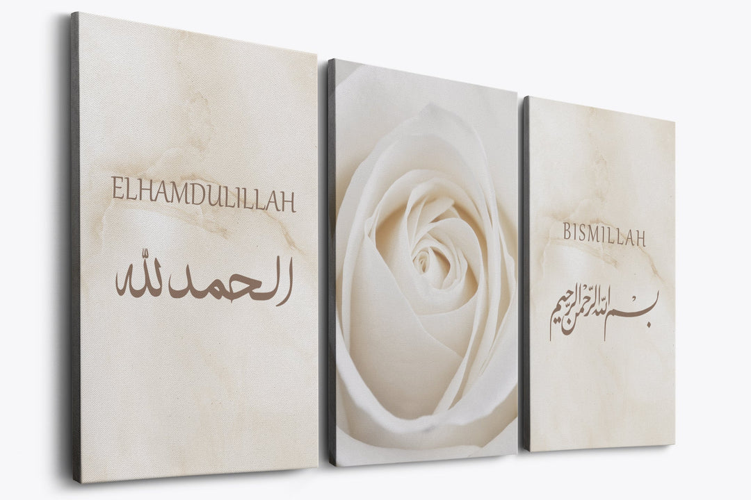 3er Bundle Bismillah & Elhamdulillah weiße Rose Set - als Leinwand oder Acrylglas - Beautiful Wall