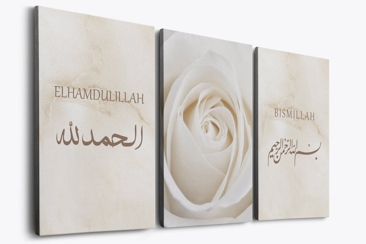 3er Bundle Bismillah & Elhamdulillah weiße Rose Set - als Leinwand oder Acrylglas - Beautiful Wall