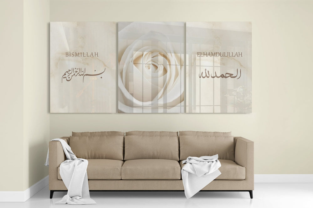 3er Bundle Bismillah & Elhamdulillah weiße Rose Set - als Leinwand oder Acrylglas - Beautiful Wall